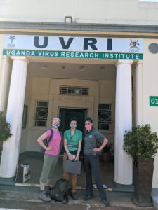 Rebekah Kading, Anna Fagre, and Emma Harris at the historic Uganda Virus Research Institute in Entebbe, founded in 1931. May 2021.