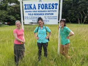 Rebekah Kading, Emma Harris, and Anna Fagre at Zika Forest, Uganda, May 2021.